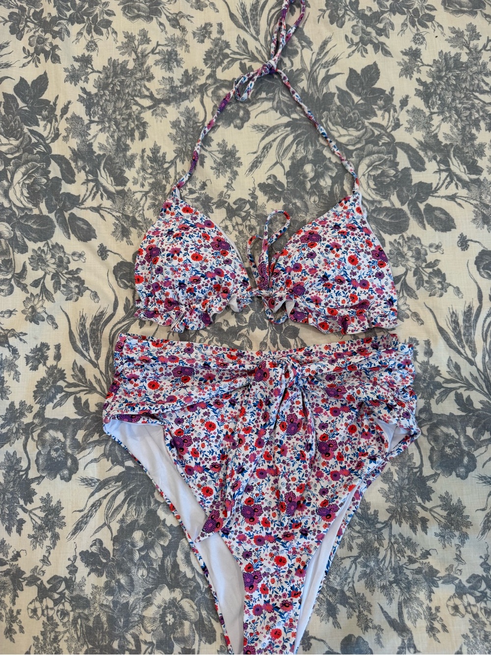 Women's Floral High-Waist Bikini Set - White with Pink, Blue & Red Flowers